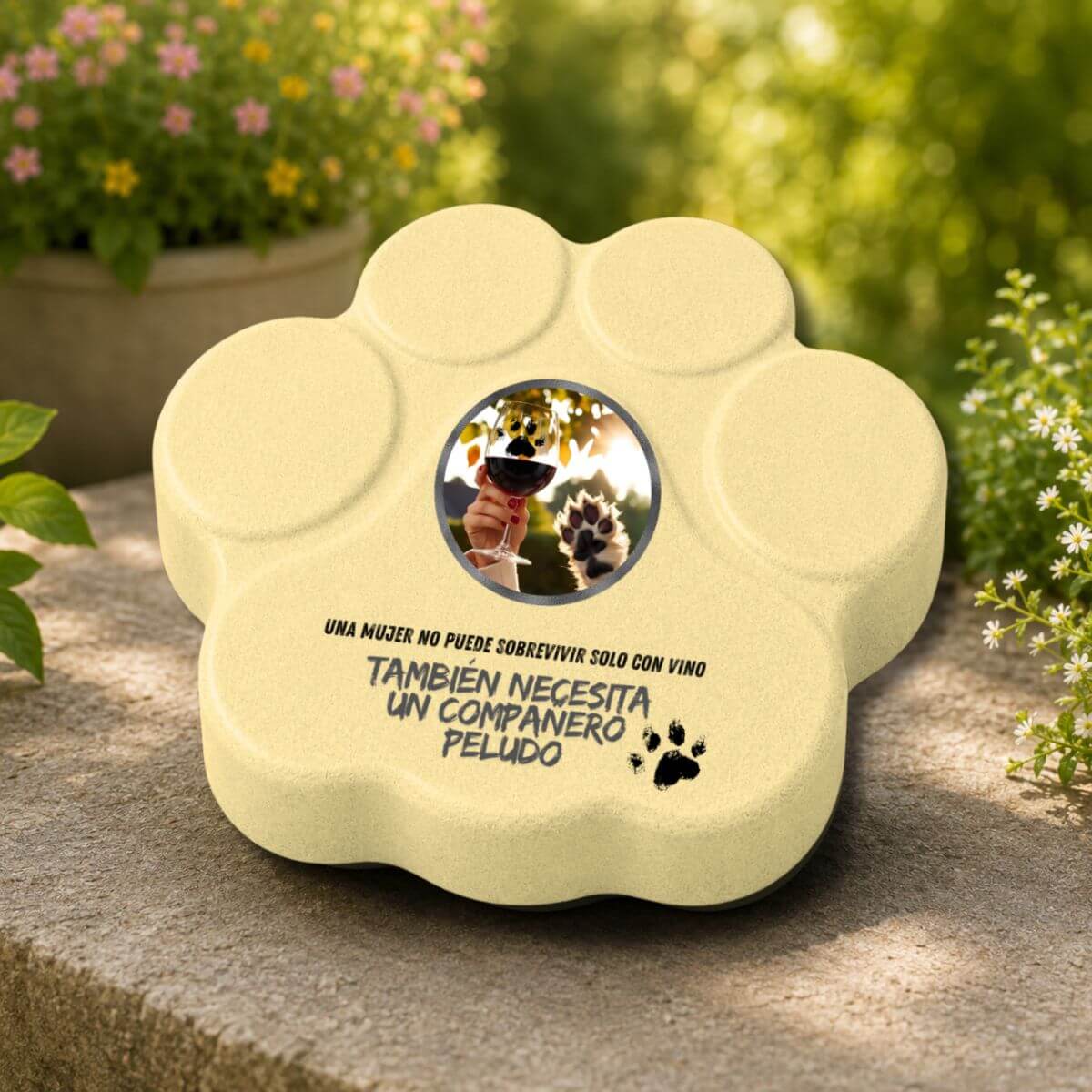 Placa divertida de hormigón para mujer amante de los perros con frase sobre vino y compañero peludo, expuesta en un jardín, color amarilla.