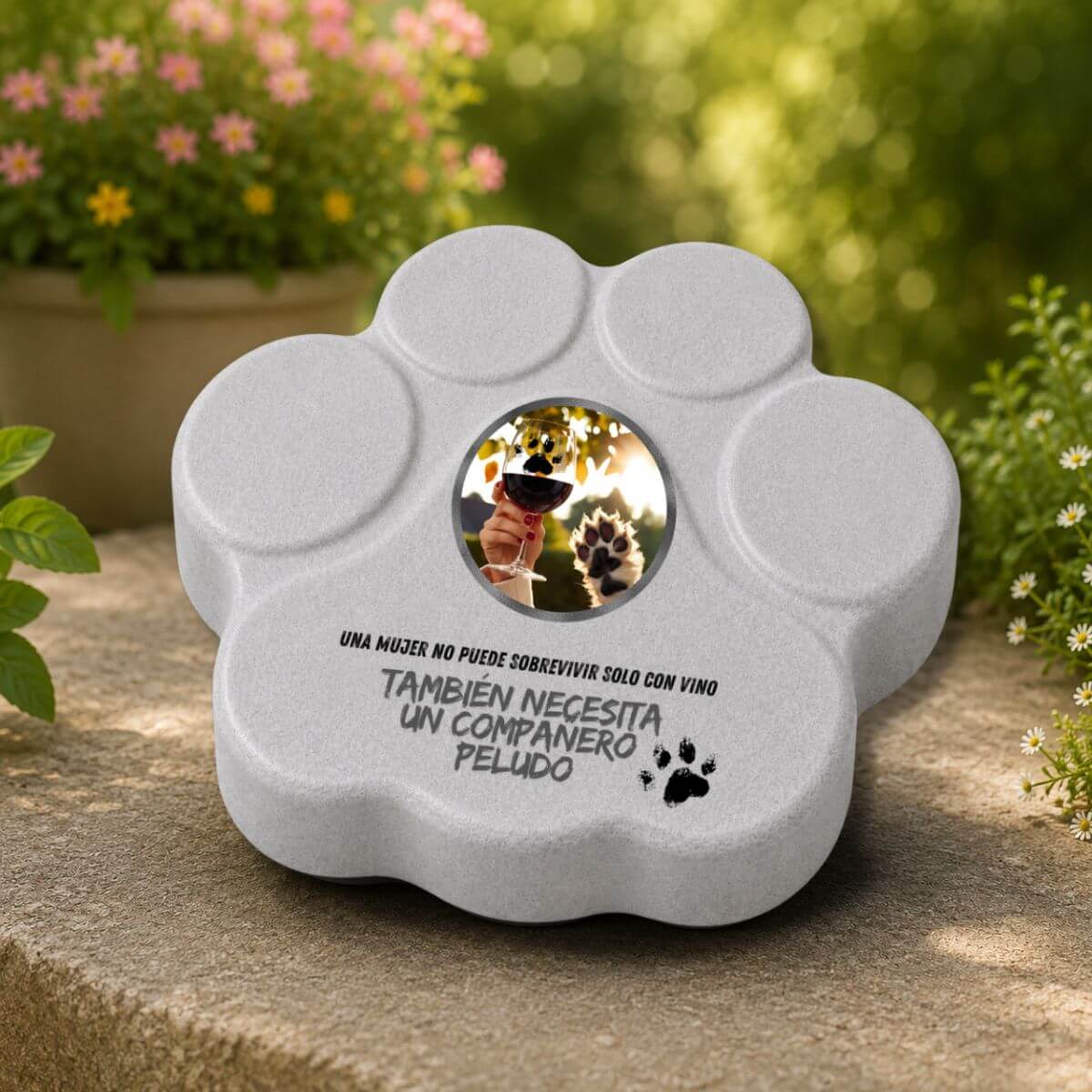 Placa divertida de hormigón para mujer amante de los perros con frase sobre vino y compañero peludo, expuesta en un jardín, color gris.