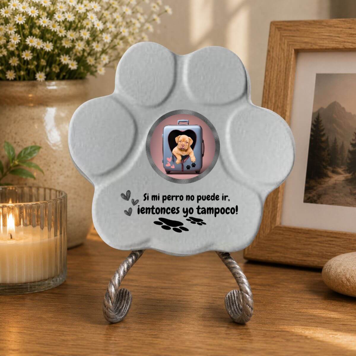 Placa personalizada divertida con foto de perro decorando el interior de un hogar en color gris.