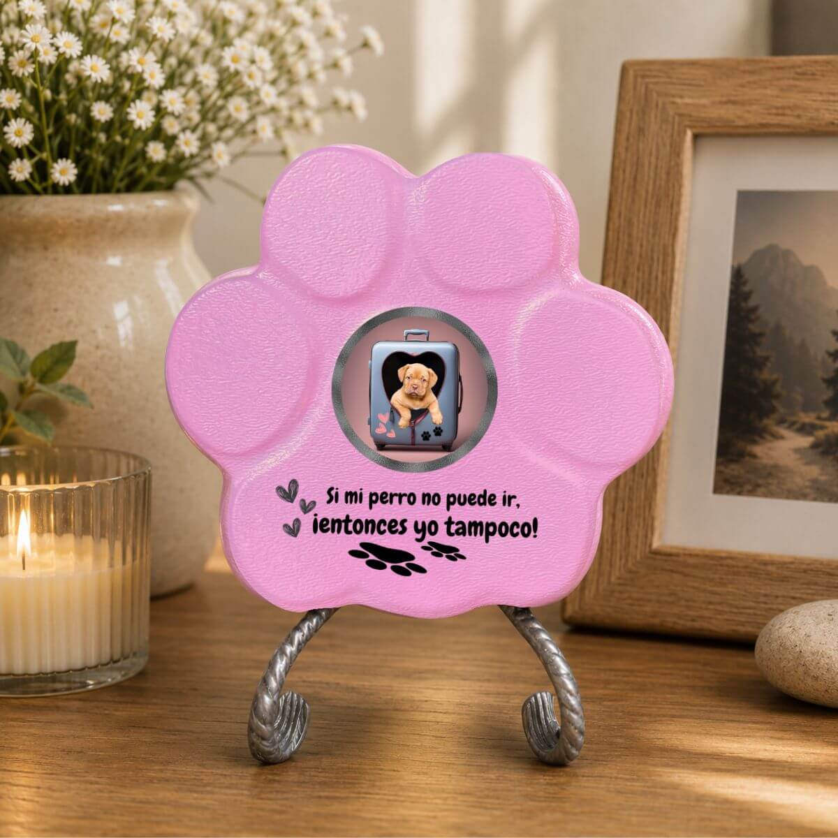 Placa personalizada divertida con foto de perro decorando el interior de un hogar en color rosa.