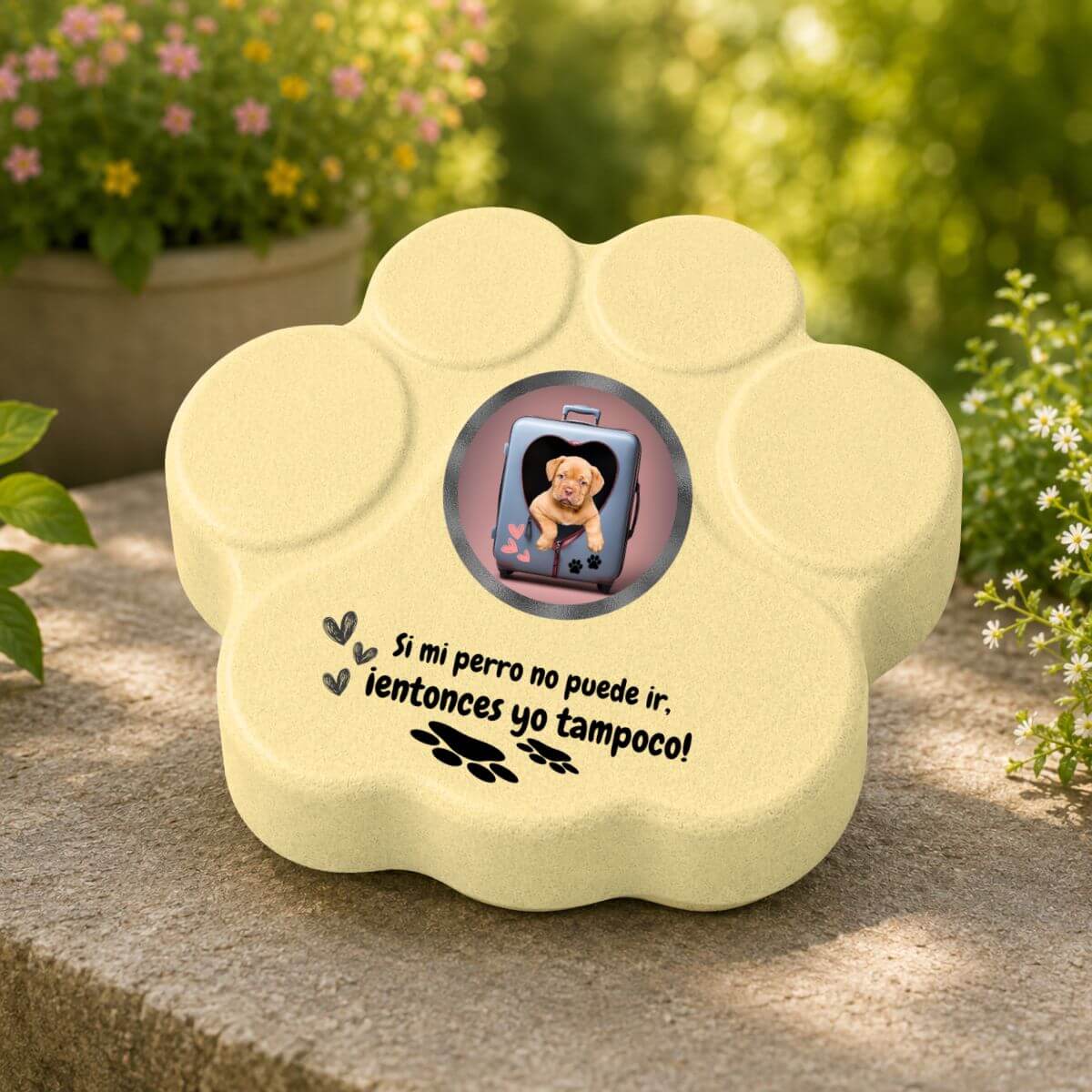 Placa personalizada divertida con foto de perro colocada en un jardín en color amarilla.