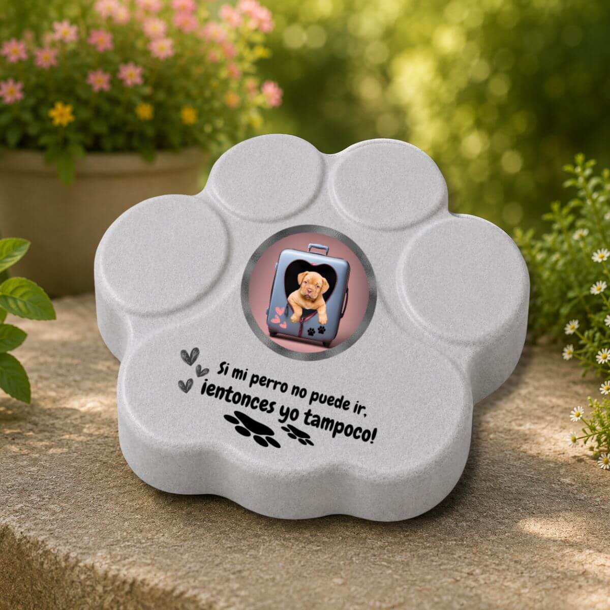 Placa personalizada divertida con foto de perro colocada en un jardín en color gris.
