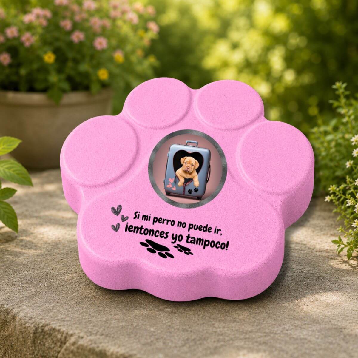 Placa personalizada divertida con foto de perro colocada en un jardín en color rosa.
