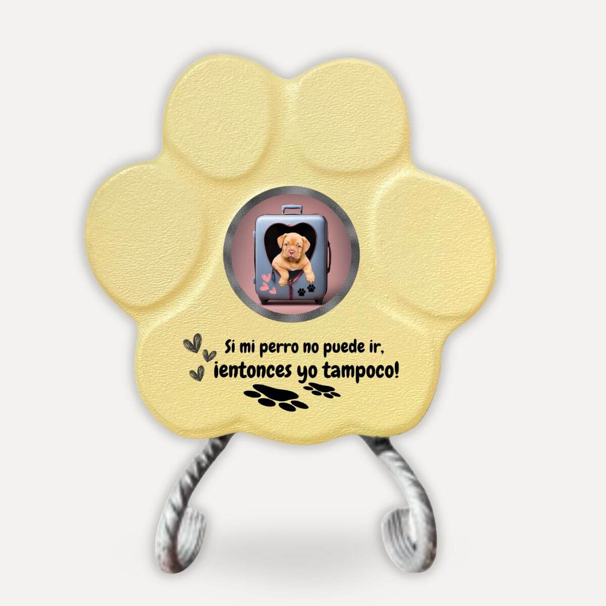 Placa personalizada divertida con foto de perro y frase "Si mi perro no puede ir" sobre soporte en color amarilla.