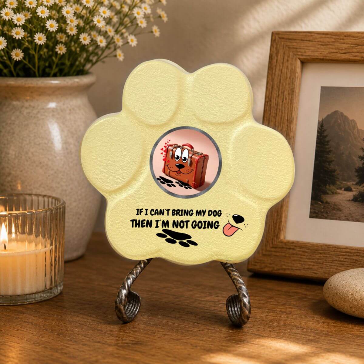 Placa divertida de hormigón para decorar el hogar con la frase "If My Dog Can't Go, I'm Not Going" en color amarilla.