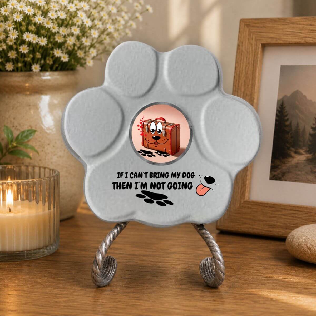 Placa divertida de hormigón para decorar el hogar con la frase "If My Dog Can't Go, I'm Not Going" en color gris.