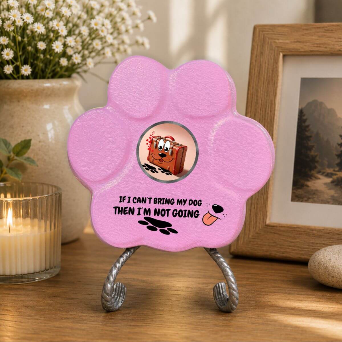 Placa divertida de hormigón para decorar el hogar con la frase "If My Dog Can't Go, I'm Not Going" en color rosa.