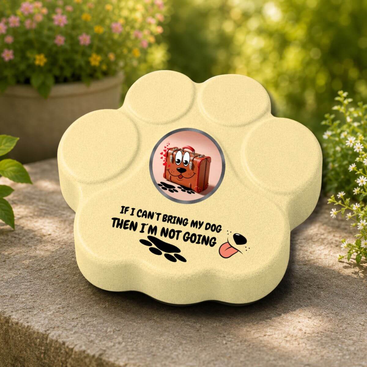 Placa decorativa de hormigón para jardín con la frase "If My Dog Can't Go, I'm Not Going" en color amarilla.