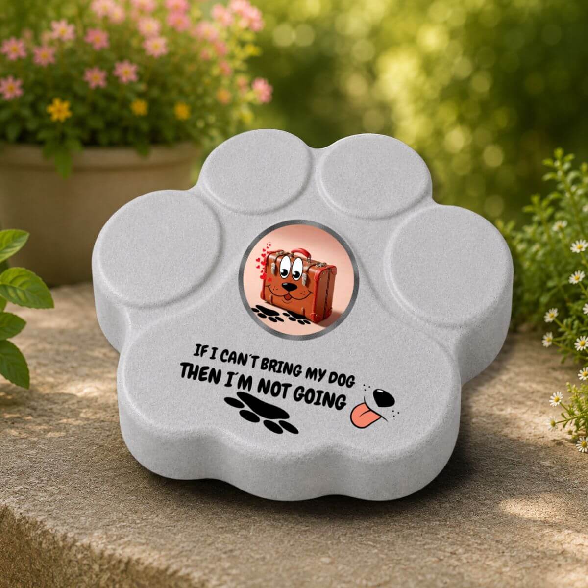 Placa decorativa de hormigón para jardín con la frase "If My Dog Can't Go, I'm Not Going" en color gris.
