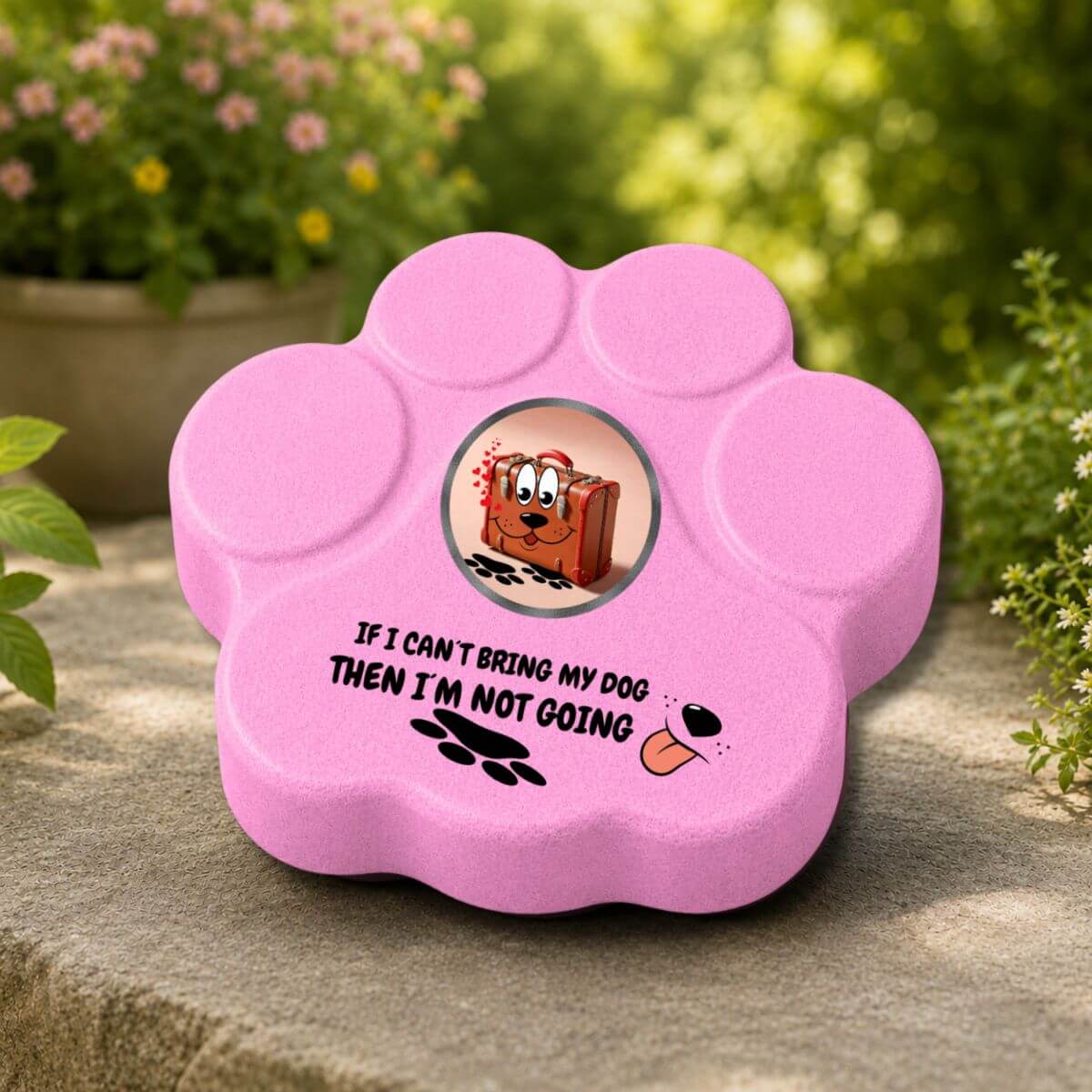 Placa decorativa de hormigón para jardín con la frase "If My Dog Can't Go, I'm Not Going" en color rosa.