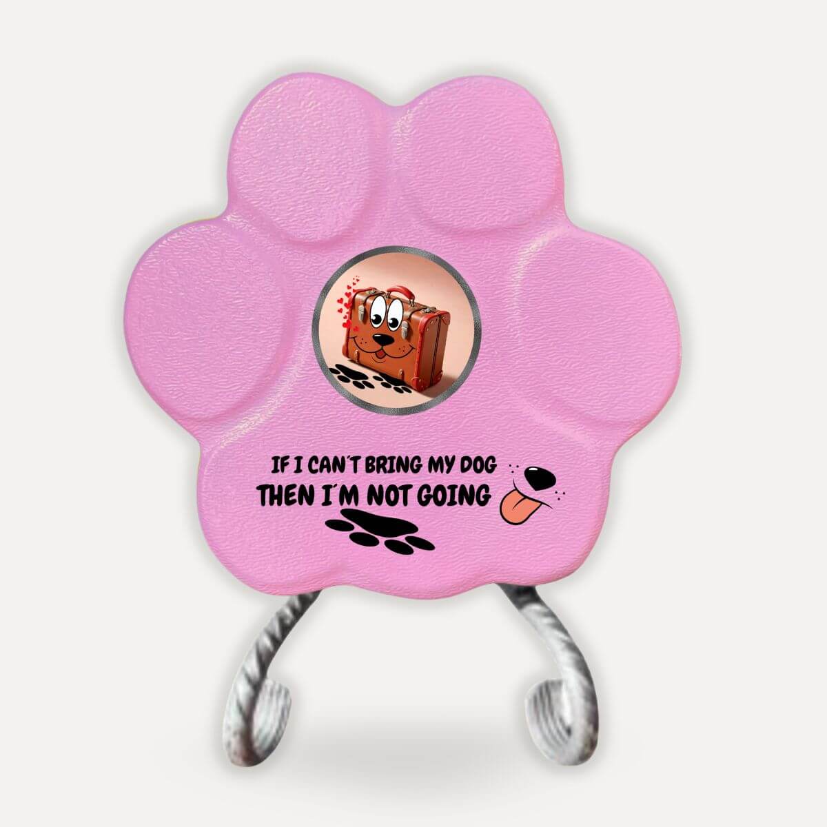 Placa de hormigón para amantes de los perros con soporte y la frase "If My Dog Can't Go, I'm Not Going" en color rosa.