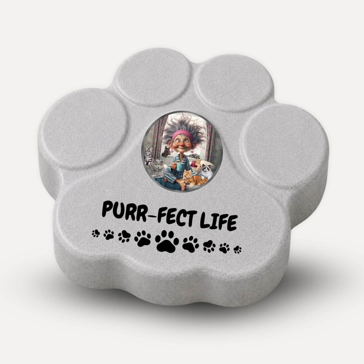Placa decorativa artesanal en color gris con diseño Purr-fect Life para amantes de los gatos