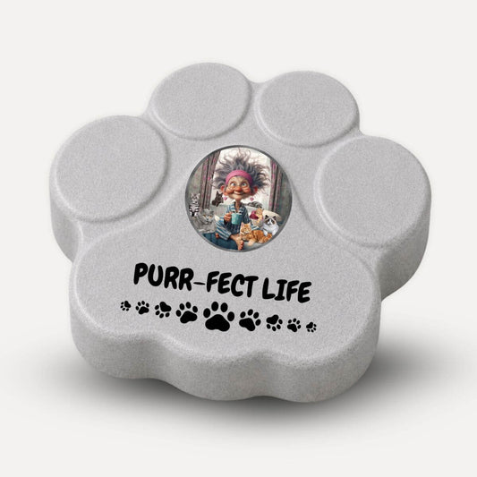 Placa decorativa artesanal en color gris con diseño Purr-fect Life para amantes de los gatos