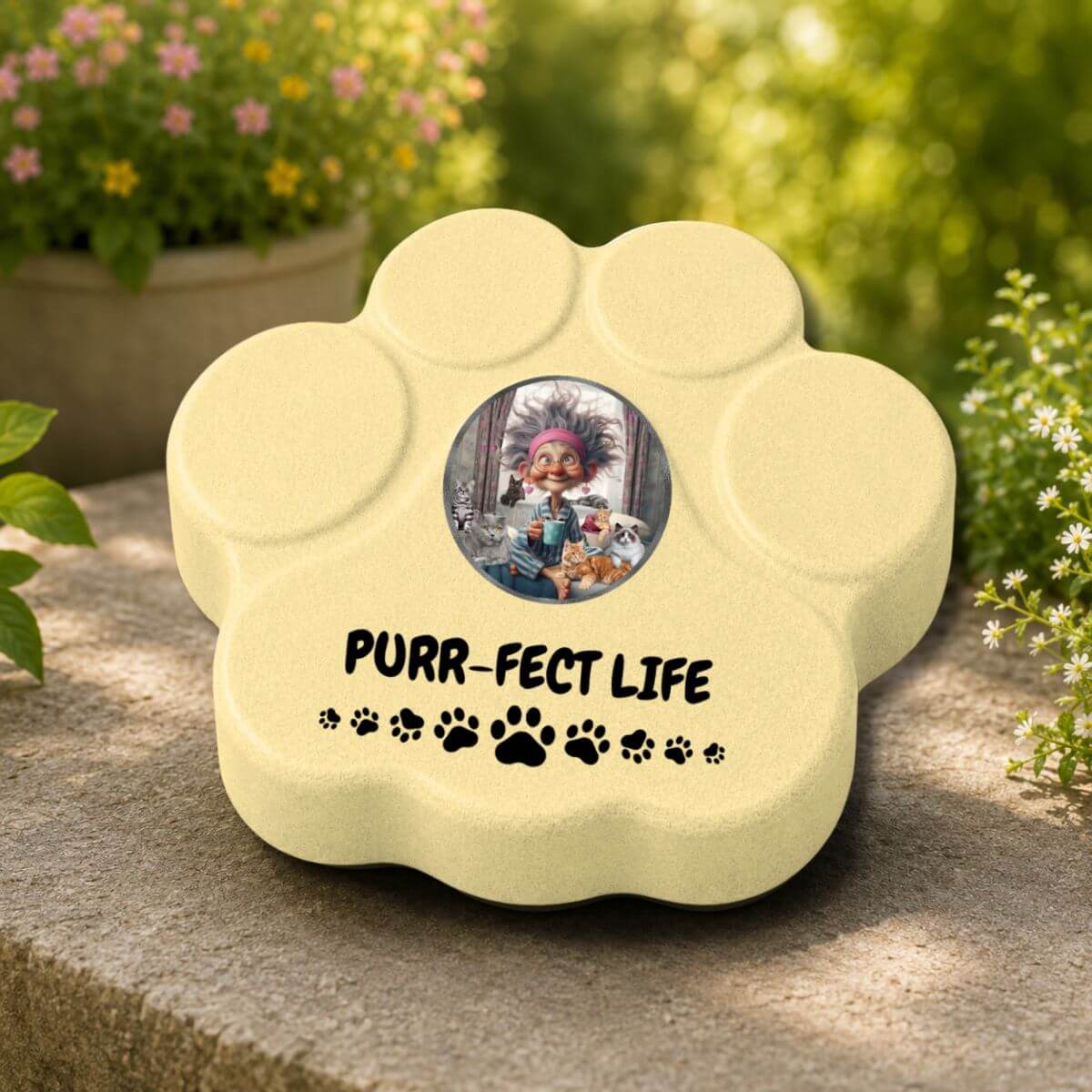 Placa decorativa artesanal en color amarilla con diseño Purr-fect Life para exteriores protegidos o semiprotegidos