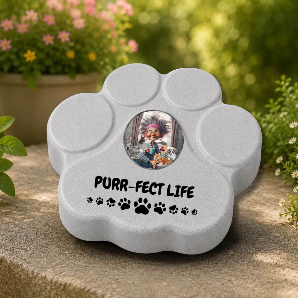 Placa decorativa artesanal en color gris con diseño Purr-fect Life para exteriores protegidos o semiprotegidos