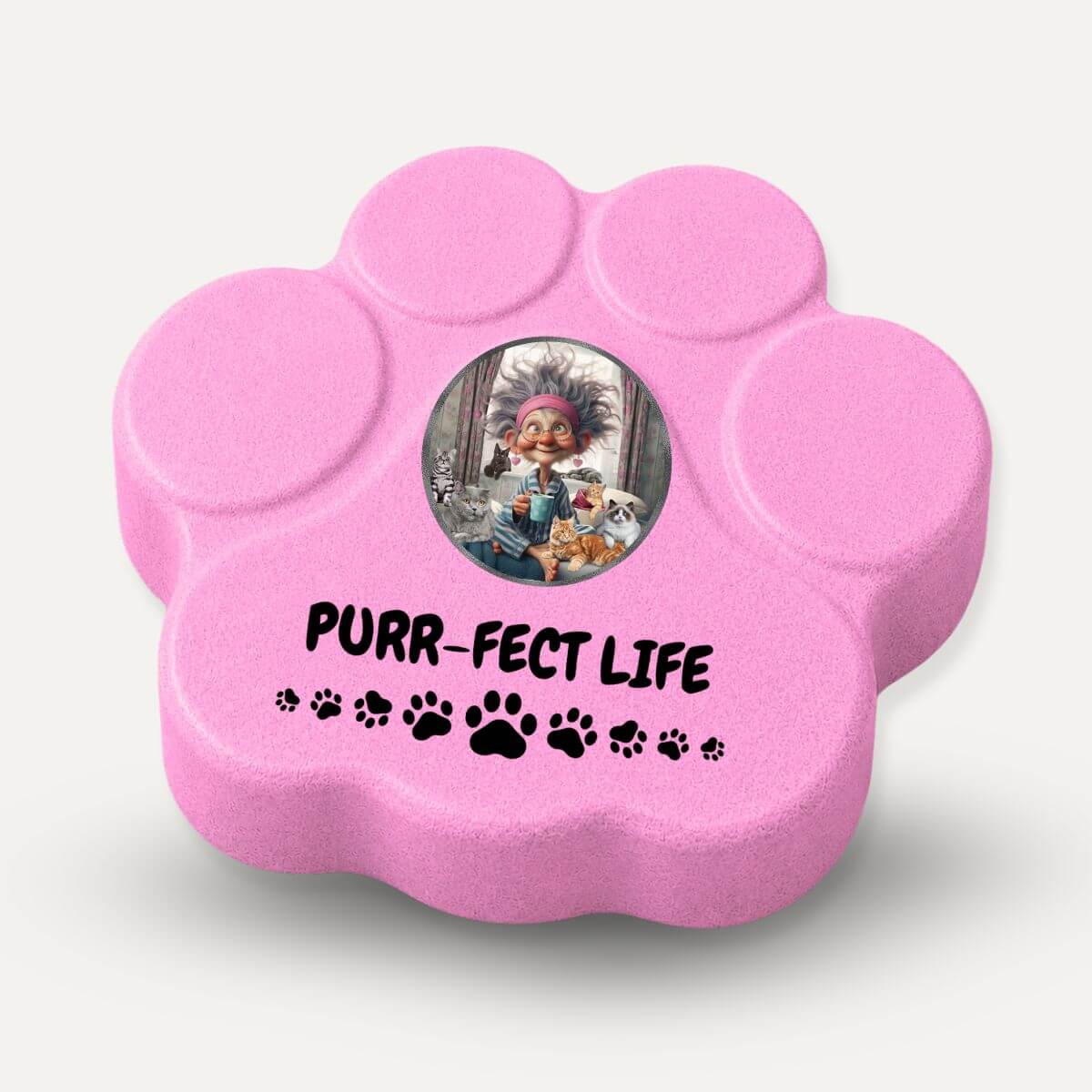 Placa decorativa artesanal en color rosa con diseño Purr-fect Life para amantes de los gatos
