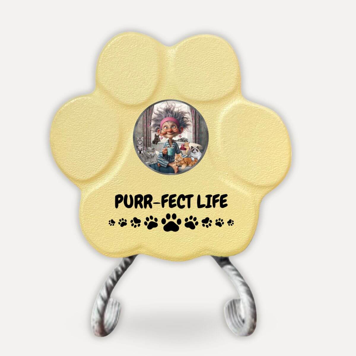 Placa decorativa artesanal en color amarilla con soporte y diseño Purr-fect Life