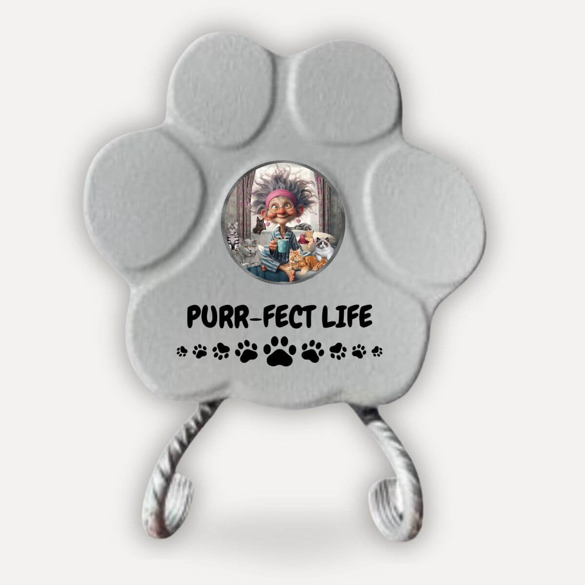 Placa decorativa artesanal en color gris con soporte y diseño Purr-fect Life