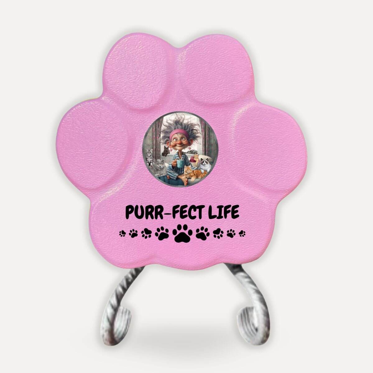 Placa decorativa artesanal en color rosa con soporte y diseño Purr-fect Life