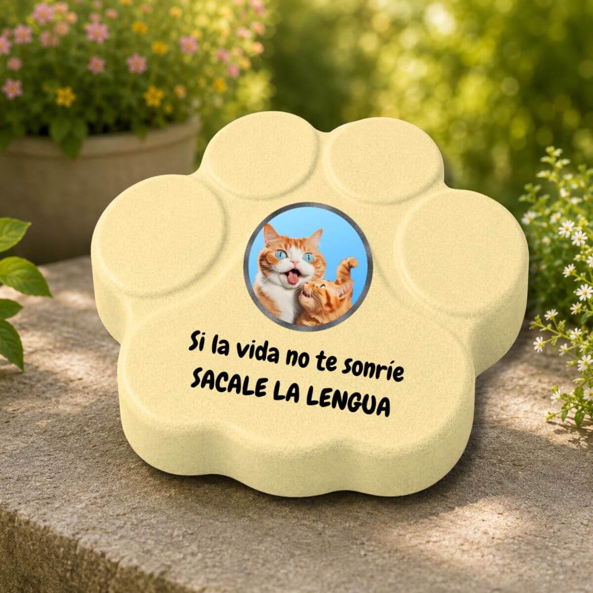 Placa decorativa de hormigón en color amarilla con diseño de gato, ideal para exteriores protegidos o semiprotegidos