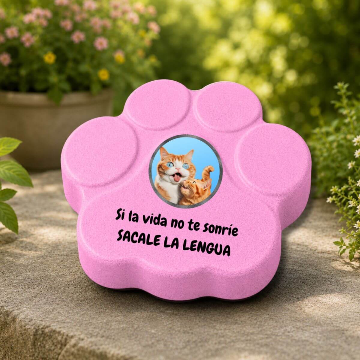 Placa decorativa de hormigón en color rosa con diseño de gato, ideal para exteriores protegidos o semiprotegidos