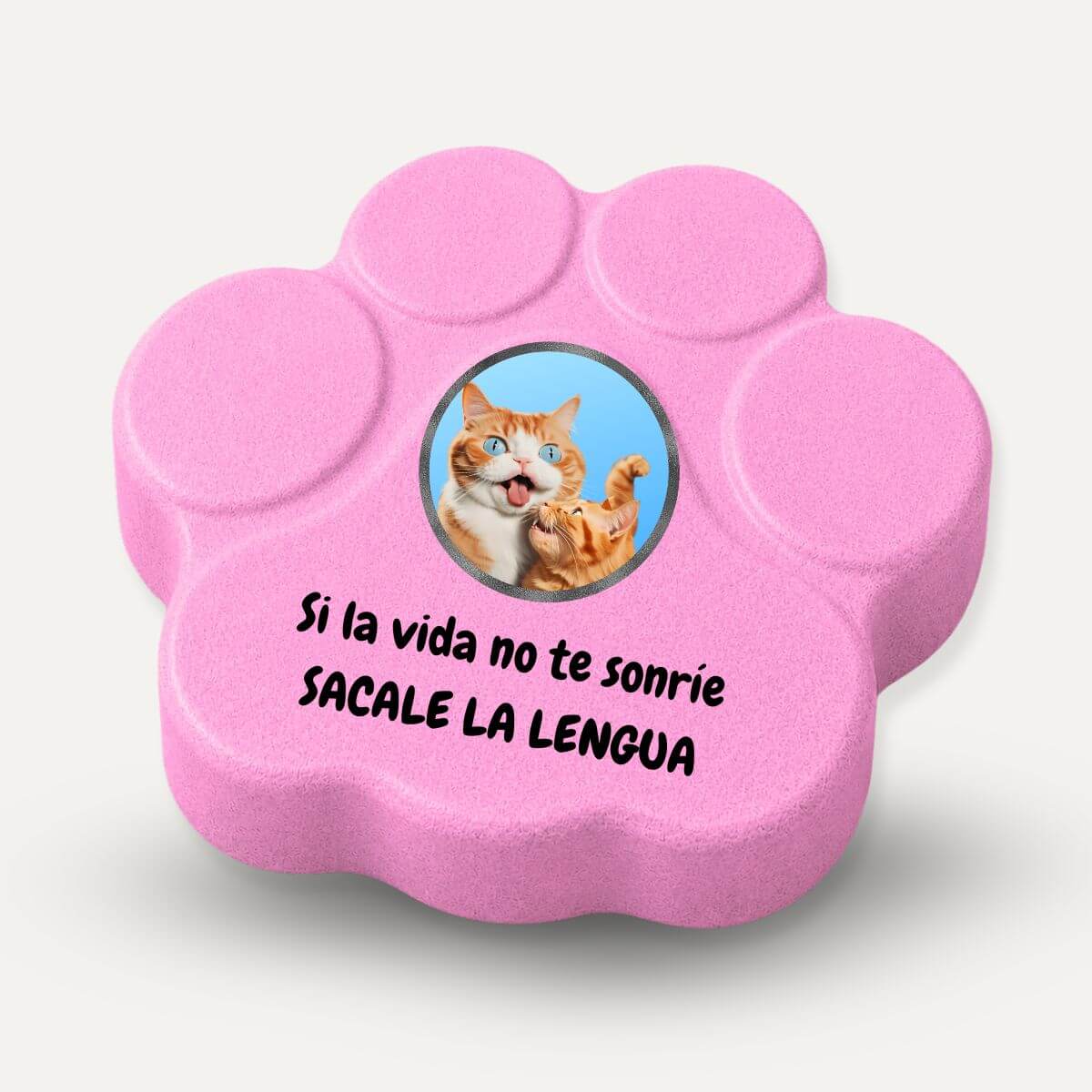 Placa decorativa de hormigón en color rosa con divertido gato y la frase "Si la vida no te sonríe, sácale la lengua"