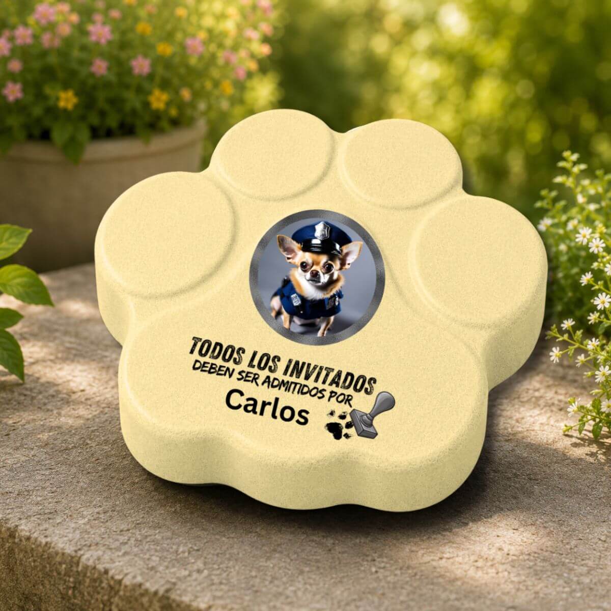 Placa personalizada de hormigón en color amarilla con la frase "Todos los invitados deben ser admitidos por..." como decoración para la entrada o el jardín.