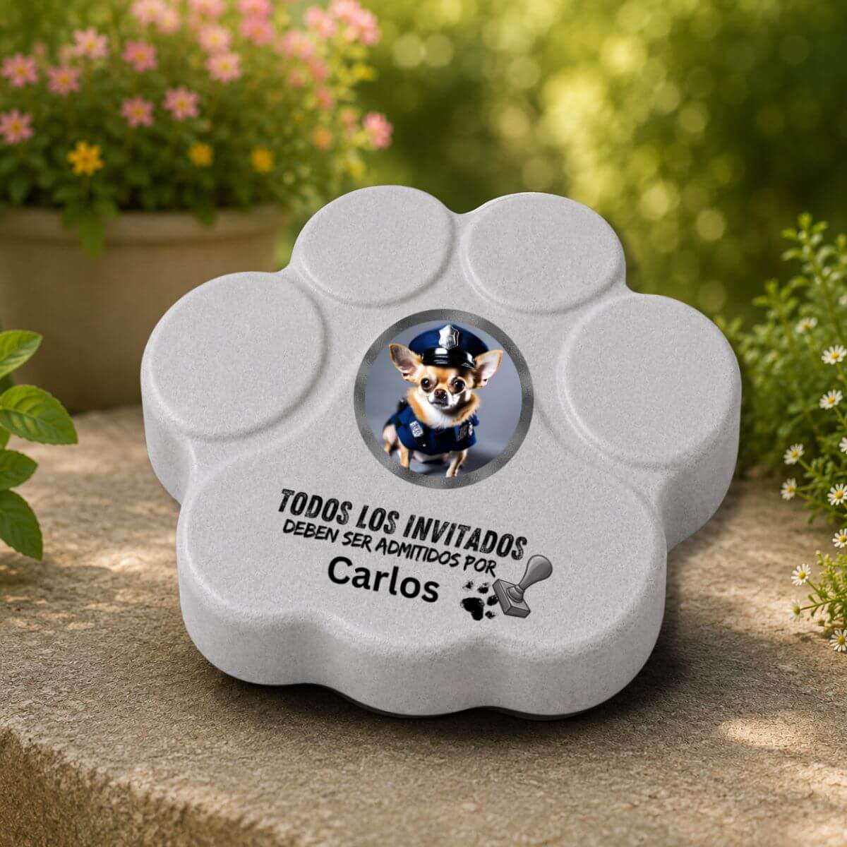 Placa personalizada de hormigón en color gris con la frase "Todos los invitados deben ser admitidos por..." como decoración para la entrada o el jardín.