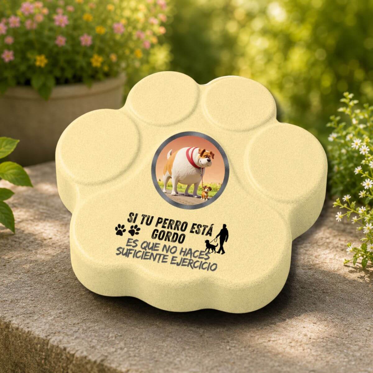 Placa divertida de hormigón en color amarilla con la frase "Si tu perro está gordo, no haces suficiente ejercicio" como decoración de jardín.