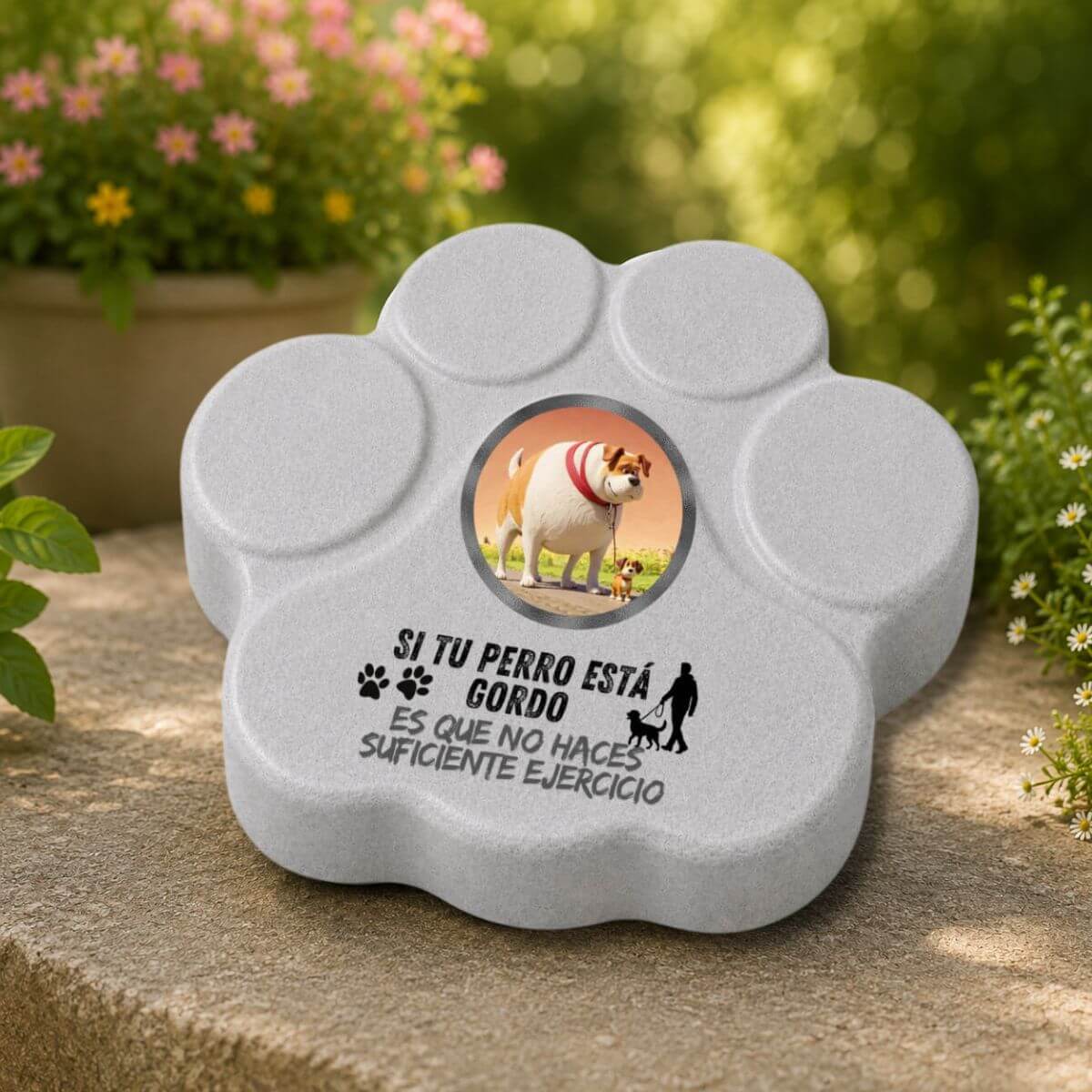 Placa divertida de hormigón en color gris con la frase "Si tu perro está gordo, no haces suficiente ejercicio" como decoración de jardín.