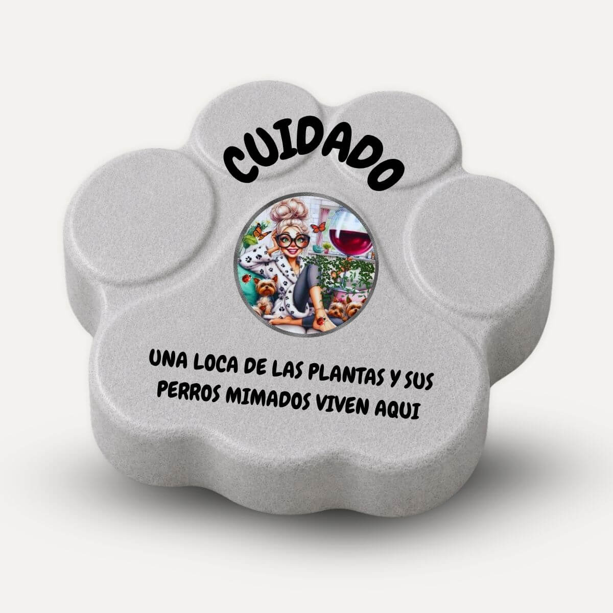 Placa decorativa artesanal en color gris con soporte para amantes de las plantas y los perros