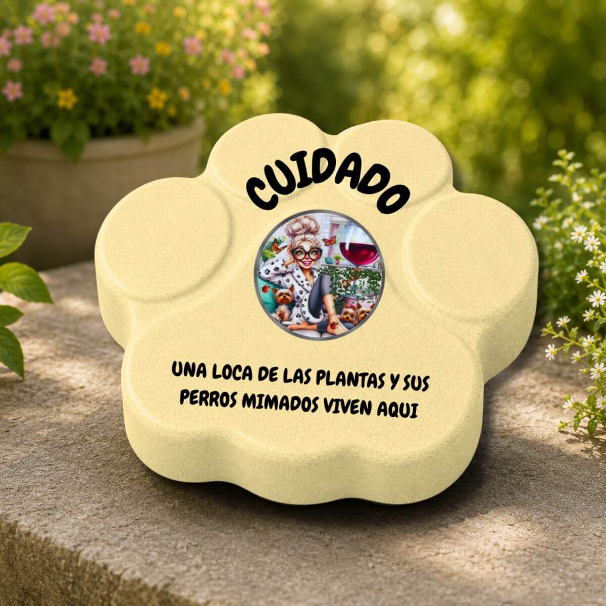 Placa decorativa artesanal en color amarilla para exteriores protegidos o semiprotegidos con diseño de plantas y perros