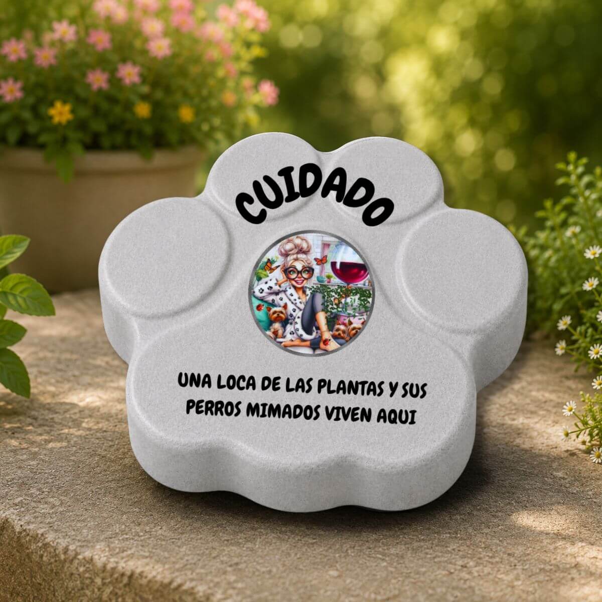 Placa decorativa artesanal en color gris para exteriores protegidos o semiprotegidos con diseño de plantas y perros