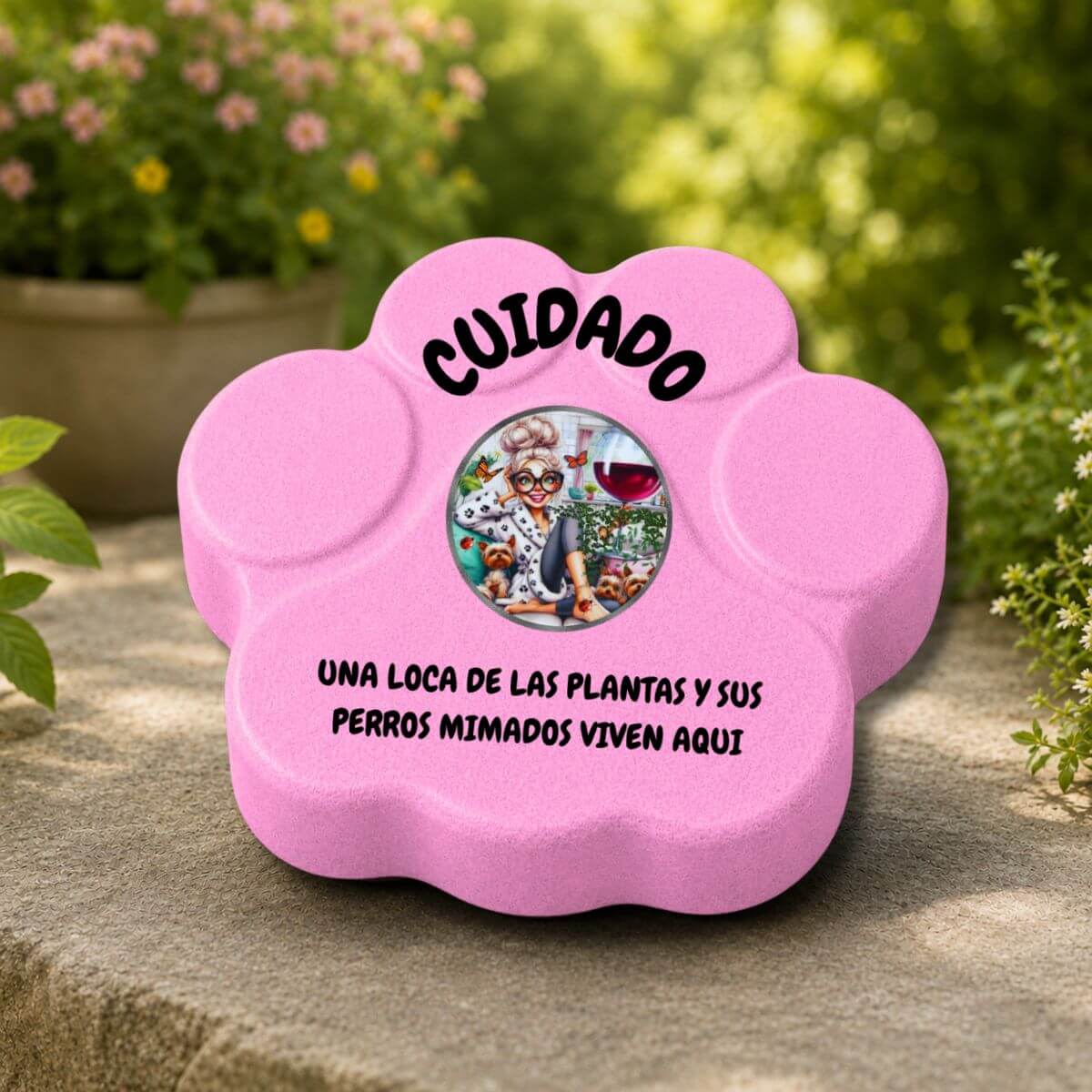 Placa decorativa artesanal en color rosa para exteriores protegidos o semiprotegidos con diseño de plantas y perros