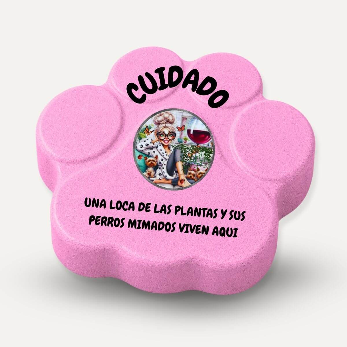 Placa decorativa artesanal en color rosa con soporte para amantes de las plantas y los perros