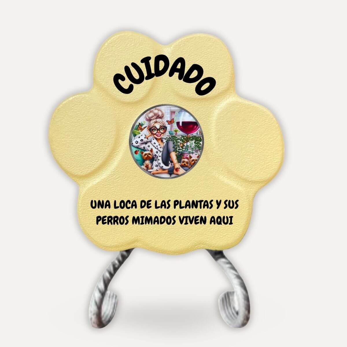 Placa decorativa artesanal en color amarilla con soporte para amantes de las plantas y los perros