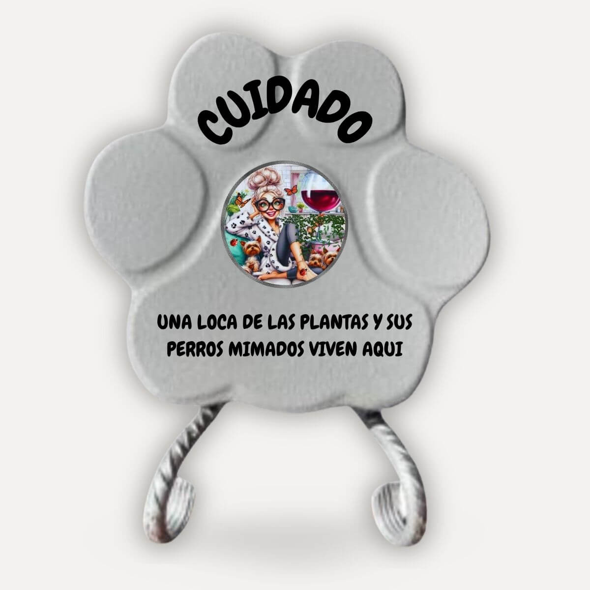 Placa decorativa artesanal en color gris con soporte para amantes de las plantas y los perros