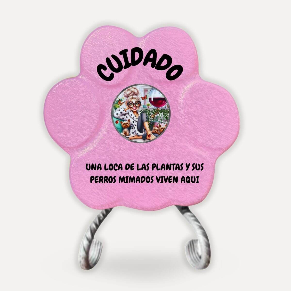 Placa decorativa artesanal en color rosa con soporte para amantes de las plantas y los perros
