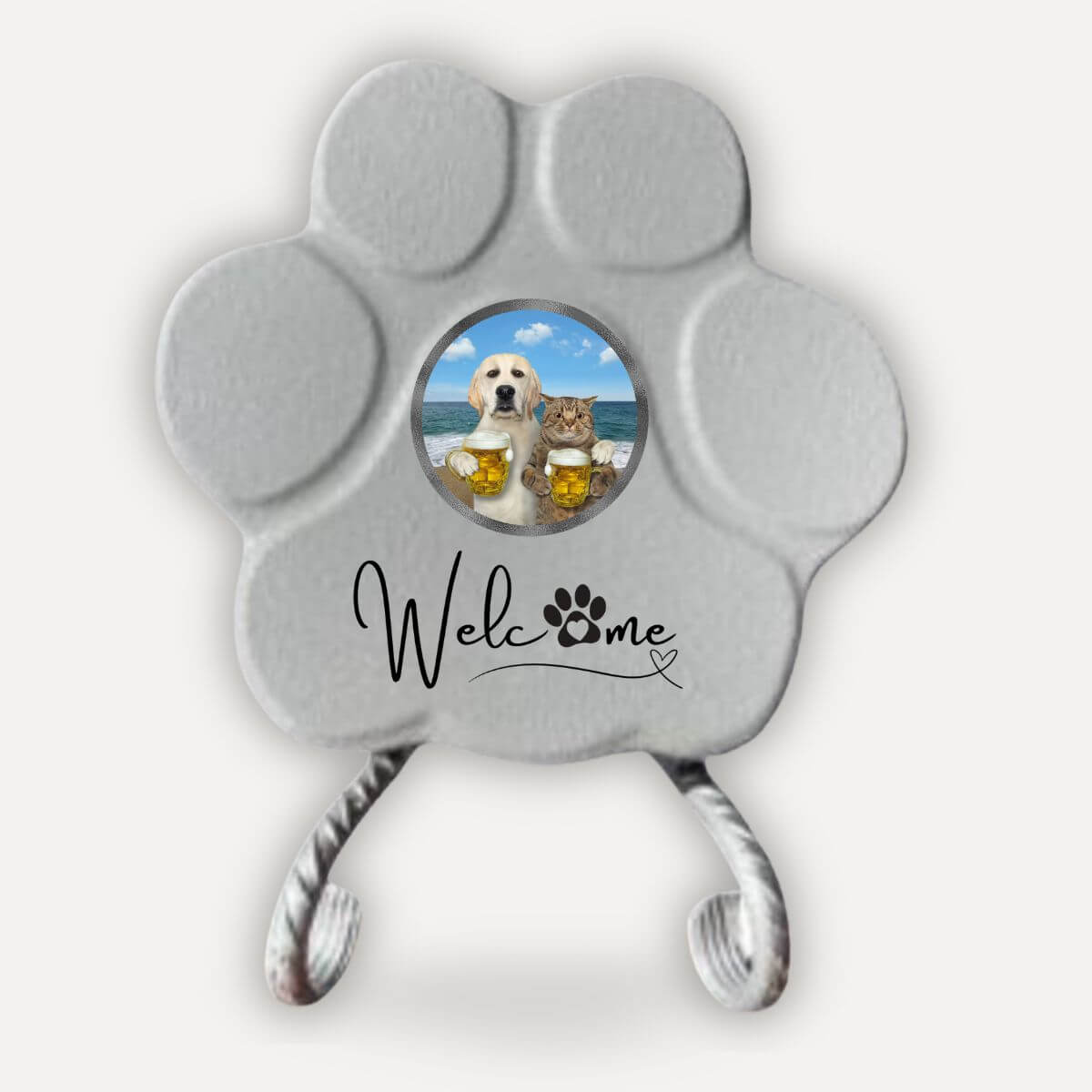 Placa decorativa artesanal en color gris con soporte y diseño Welcome para amantes de los animales
