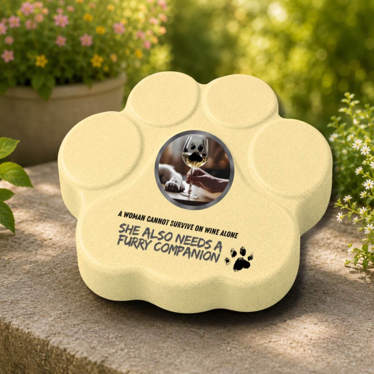 Placa divertida de hormigón para amantes de los perros con la frase en inglés "A Woman Cannot Survive on Wine Alone, She Also Needs a Furry Companion" colocada en un jardín protegido en color amarilla.