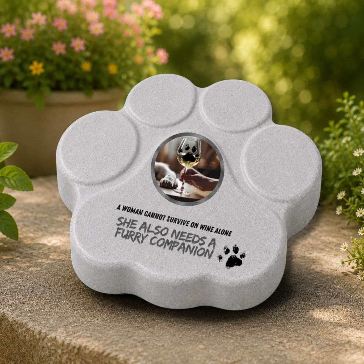Placa divertida de hormigón para amantes de los perros con la frase en inglés "A Woman Cannot Survive on Wine Alone, She Also Needs a Furry Companion" colocada en un jardín protegido en color gris.