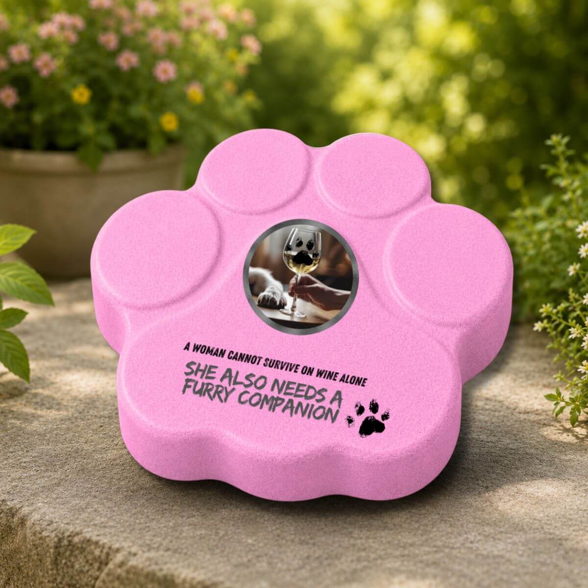 Placa divertida de hormigón para amantes de los perros con la frase en inglés "A Woman Cannot Survive on Wine Alone, She Also Needs a Furry Companion" colocada en un jardín protegido en color rosa.