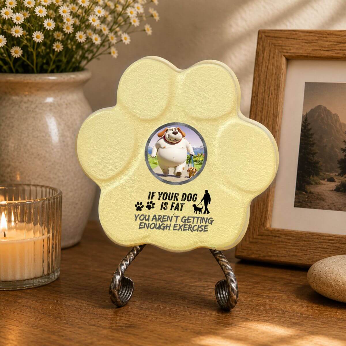 Placa divertida de hormigón en color armarilla con la frase "If Your Dog Is Fat, You Aren't Getting Enough Exercise" como decoración para el hogar.
