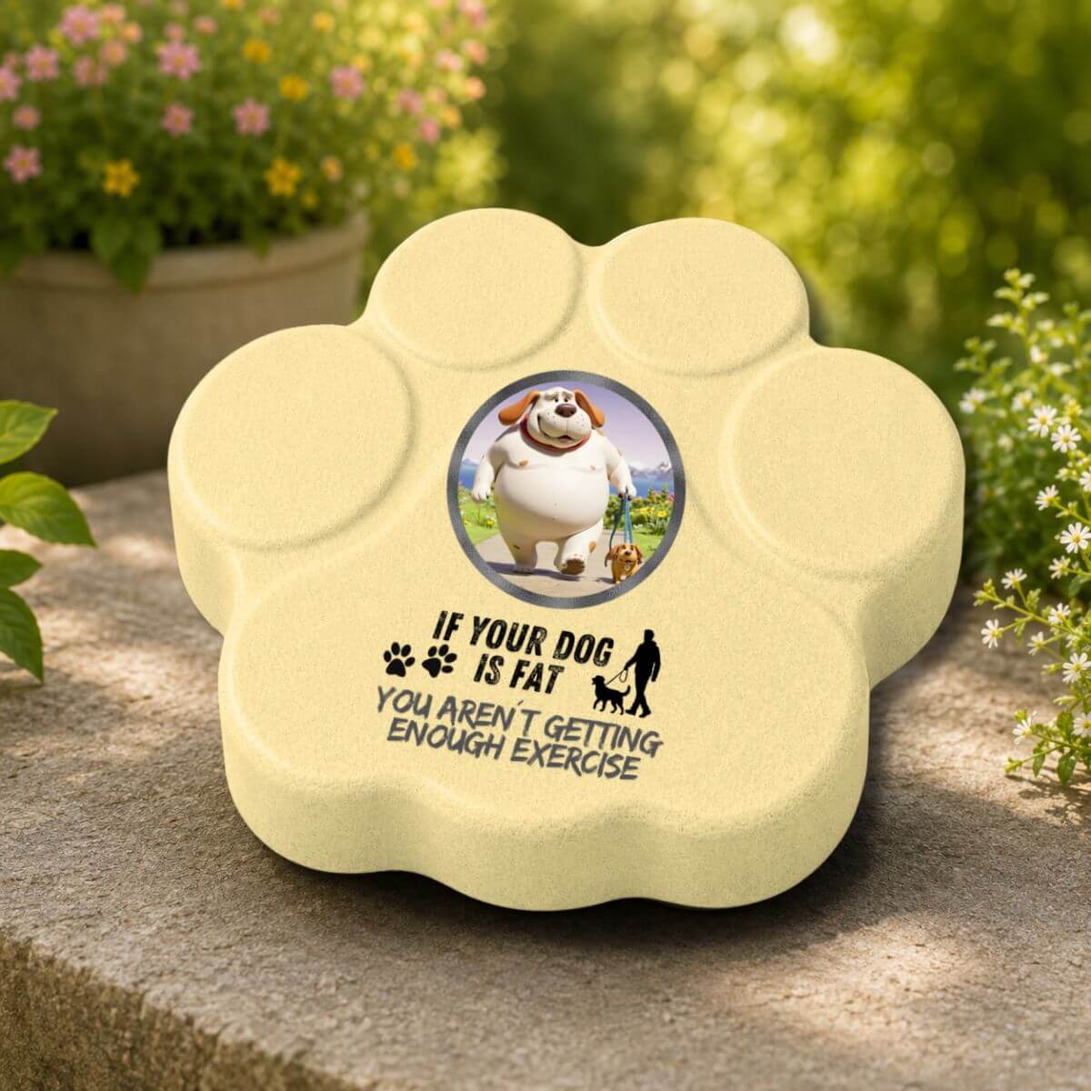Placa divertida de hormigón en color amarilla con la frase "If Your Dog Is Fat, You Aren't Getting Enough Exercise" como decoración de jardín.