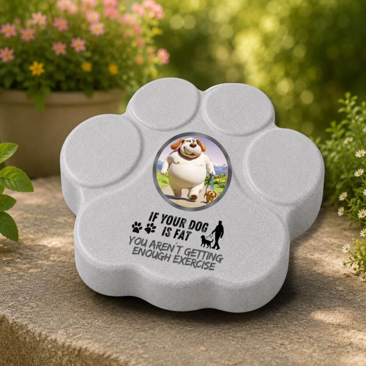 Placa divertida de hormigón en color gris con la frase "If Your Dog Is Fat, You Aren't Getting Enough Exercise" como decoración de jardín.
