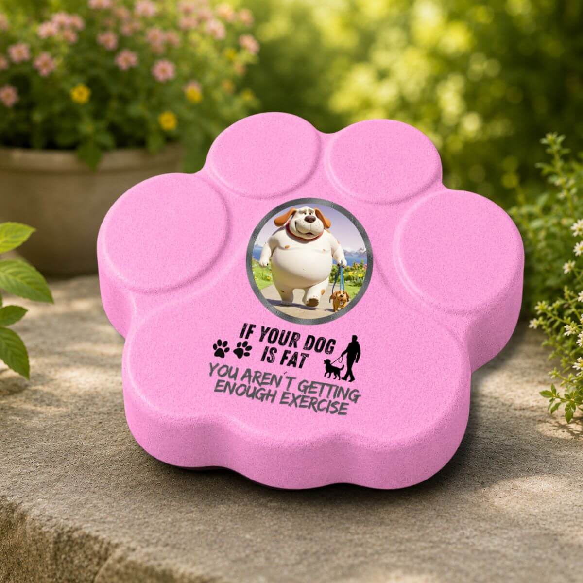 Placa divertida de hormigón en color rosa con la frase "If Your Dog Is Fat, You Aren't Getting Enough Exercise" como decoración de jardín.