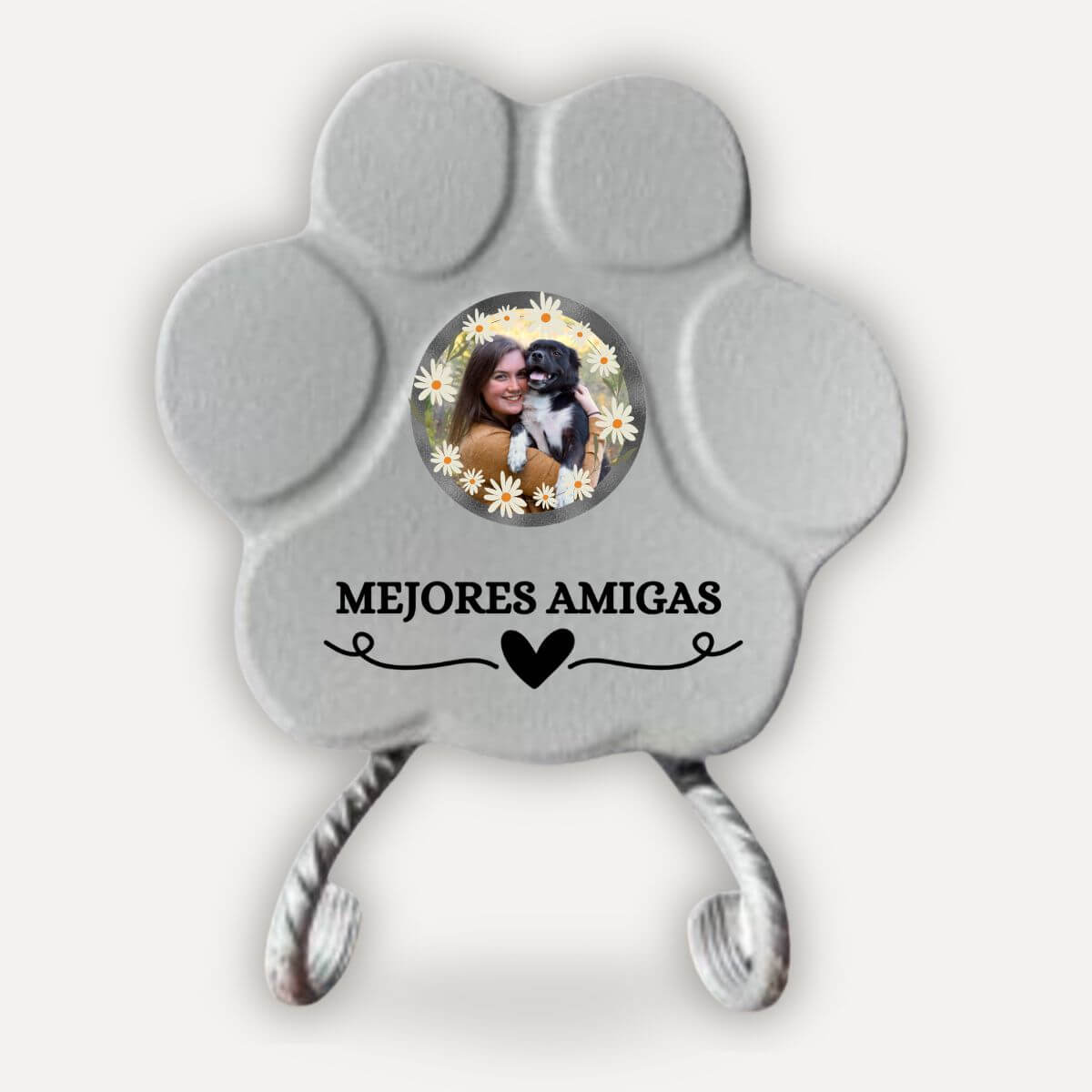 Placa personalizada "Mejores Amigas" con foto para mujeres y sus mascotas sobre soporte  en color gris.
