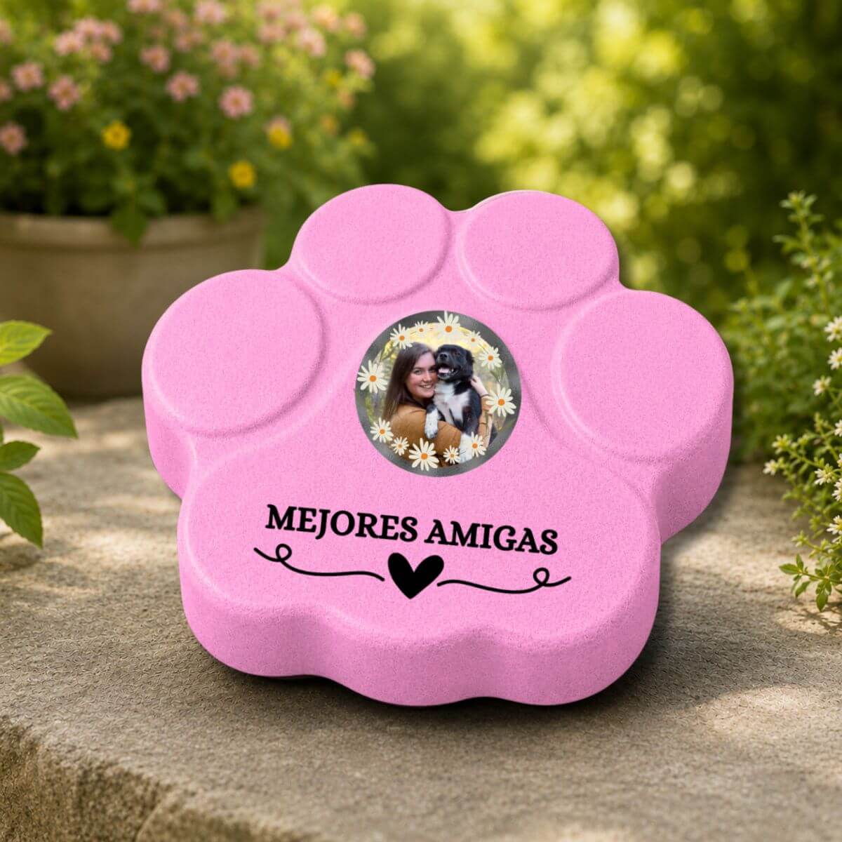 Placa personalizada "Mejores Amigas" con foto para mujeres y sus mascotas en un jardín  en color rosa.