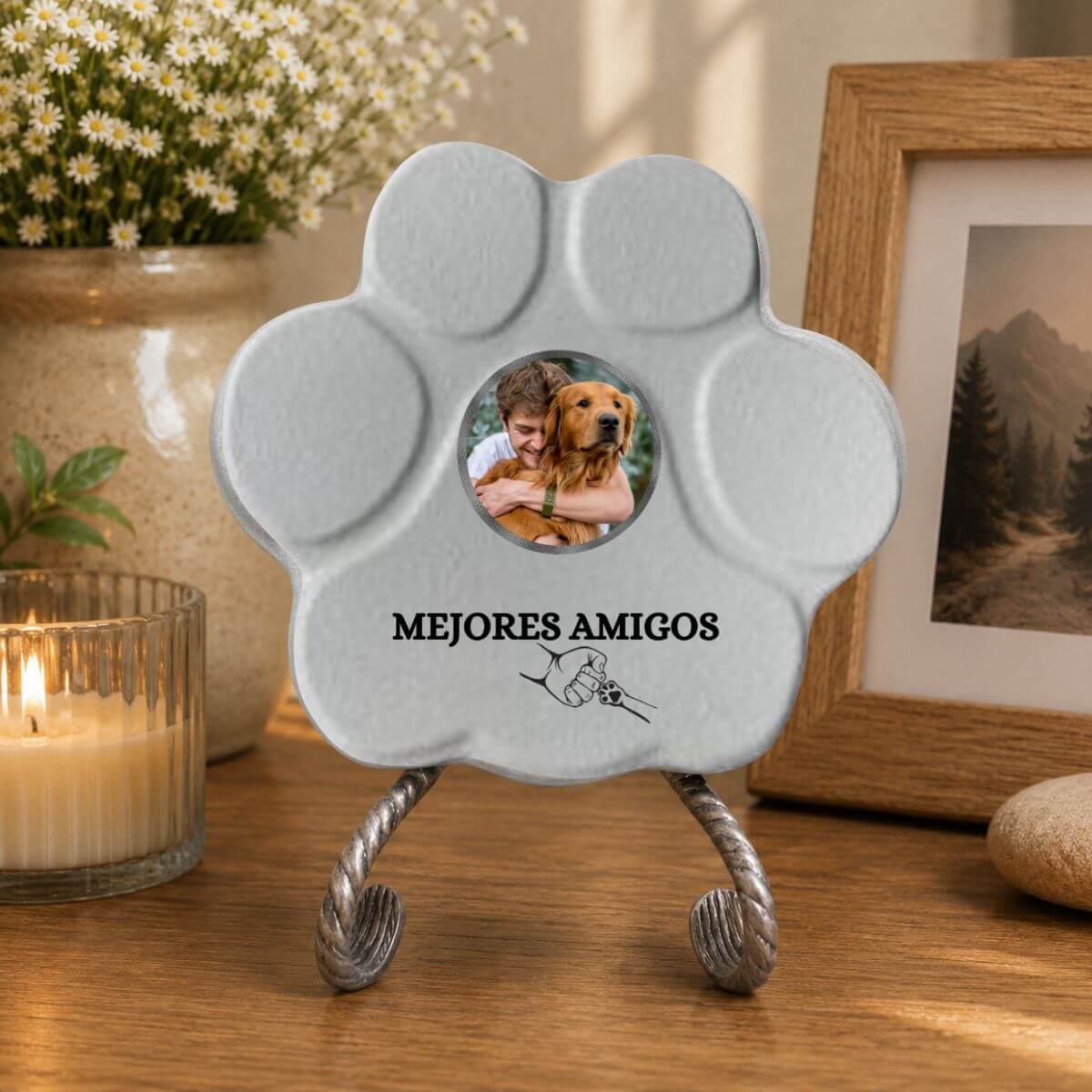 Placa personalizada "Mejores Amigos" con foto personalizada decorando el interior de un hogar en color gris.