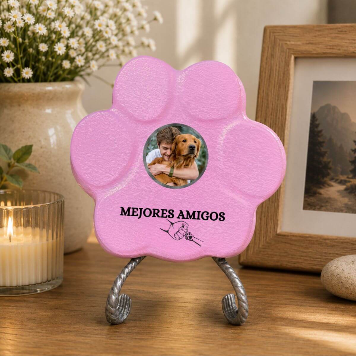 Placa personalizada "Mejores Amigos" con foto personalizada decorando el interior de un hogar en color rosa.